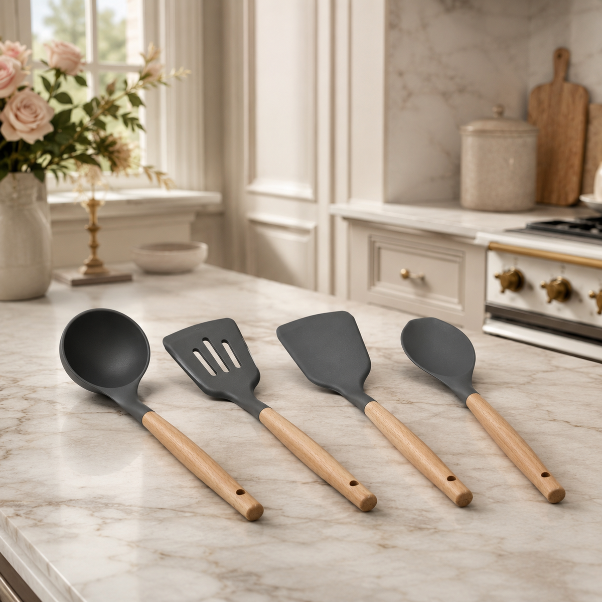 Set de Utensilios de Cocina x4 con Mango de Madera