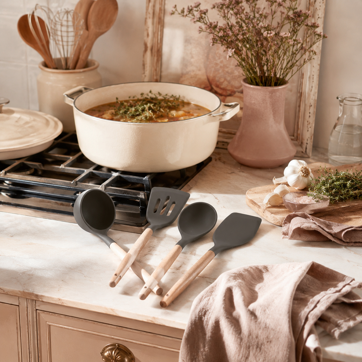 Set de Utensilios de Cocina x4 con Mango de Madera