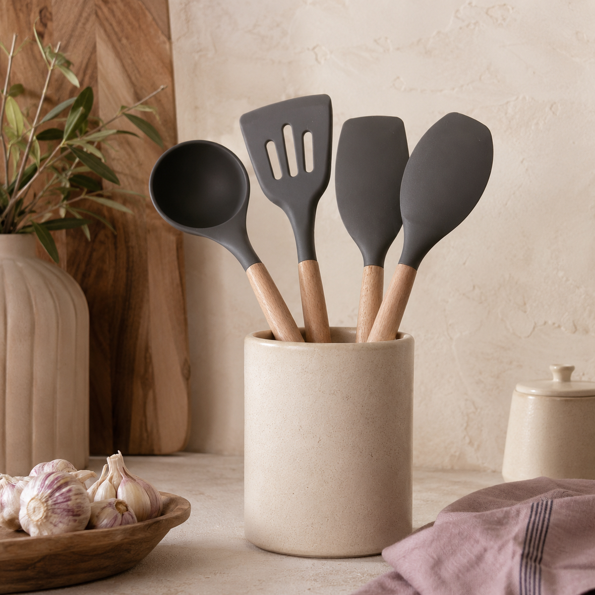 Set de Utensilios de Cocina x4 con Mango de Madera